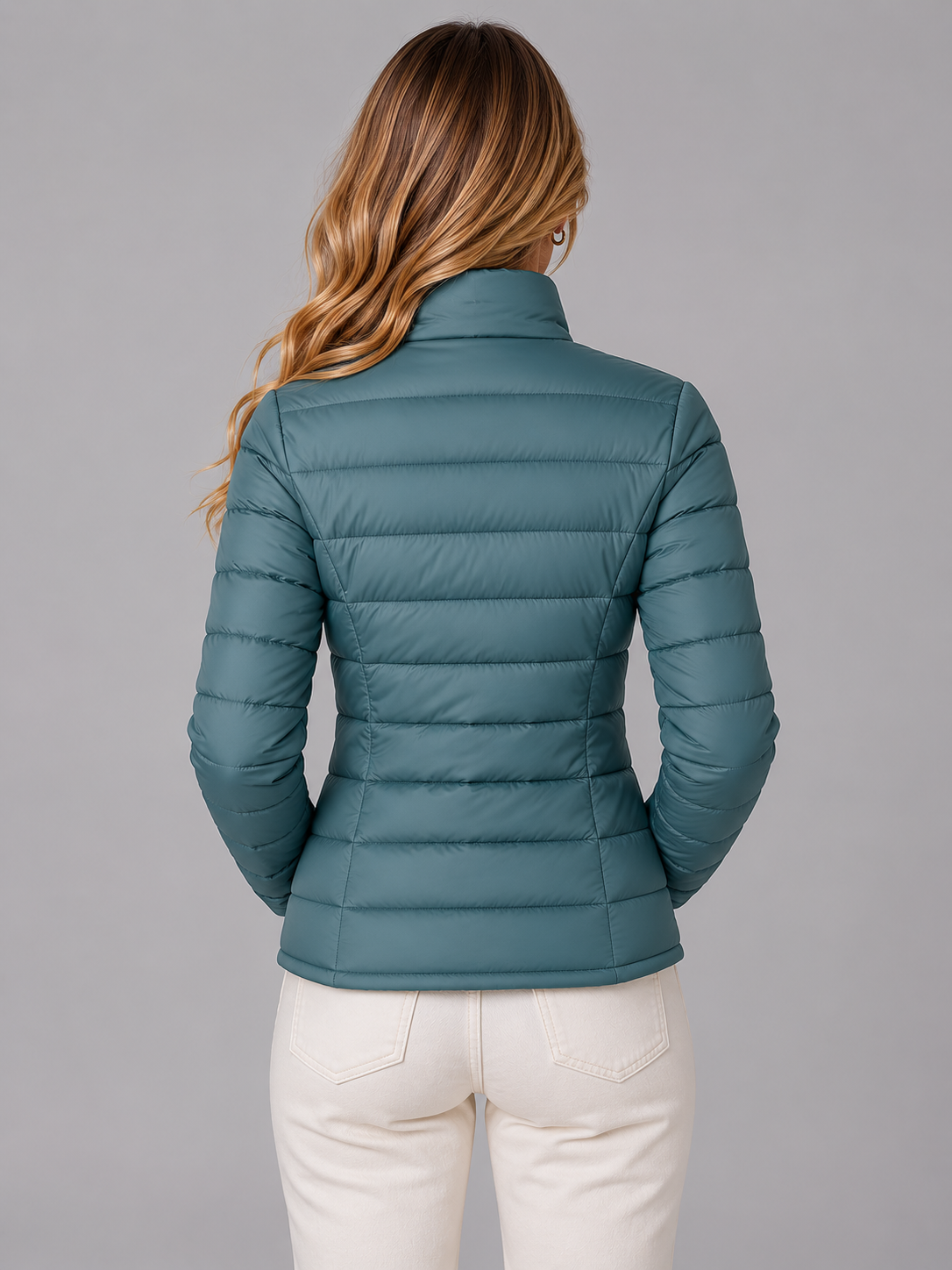 Puffer Jacket Polyester Slim Fit Lightweight with Stand Collar, Zip