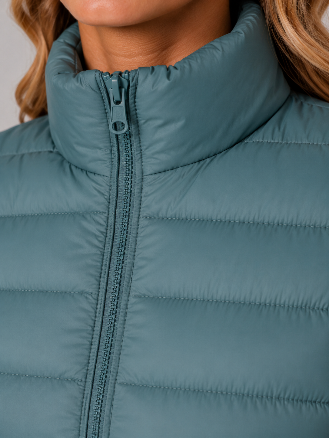 Puffer Jacket Polyester Slim Fit Lightweight with Stand Collar, Zip