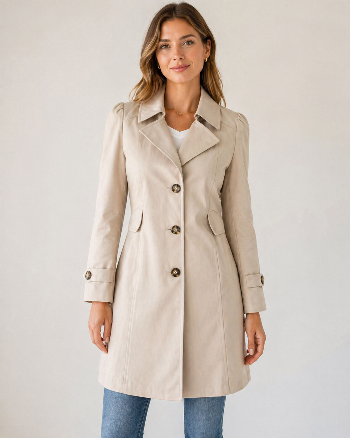 Trench Coat Cotton Blend Tailored Short with Button-Up Front