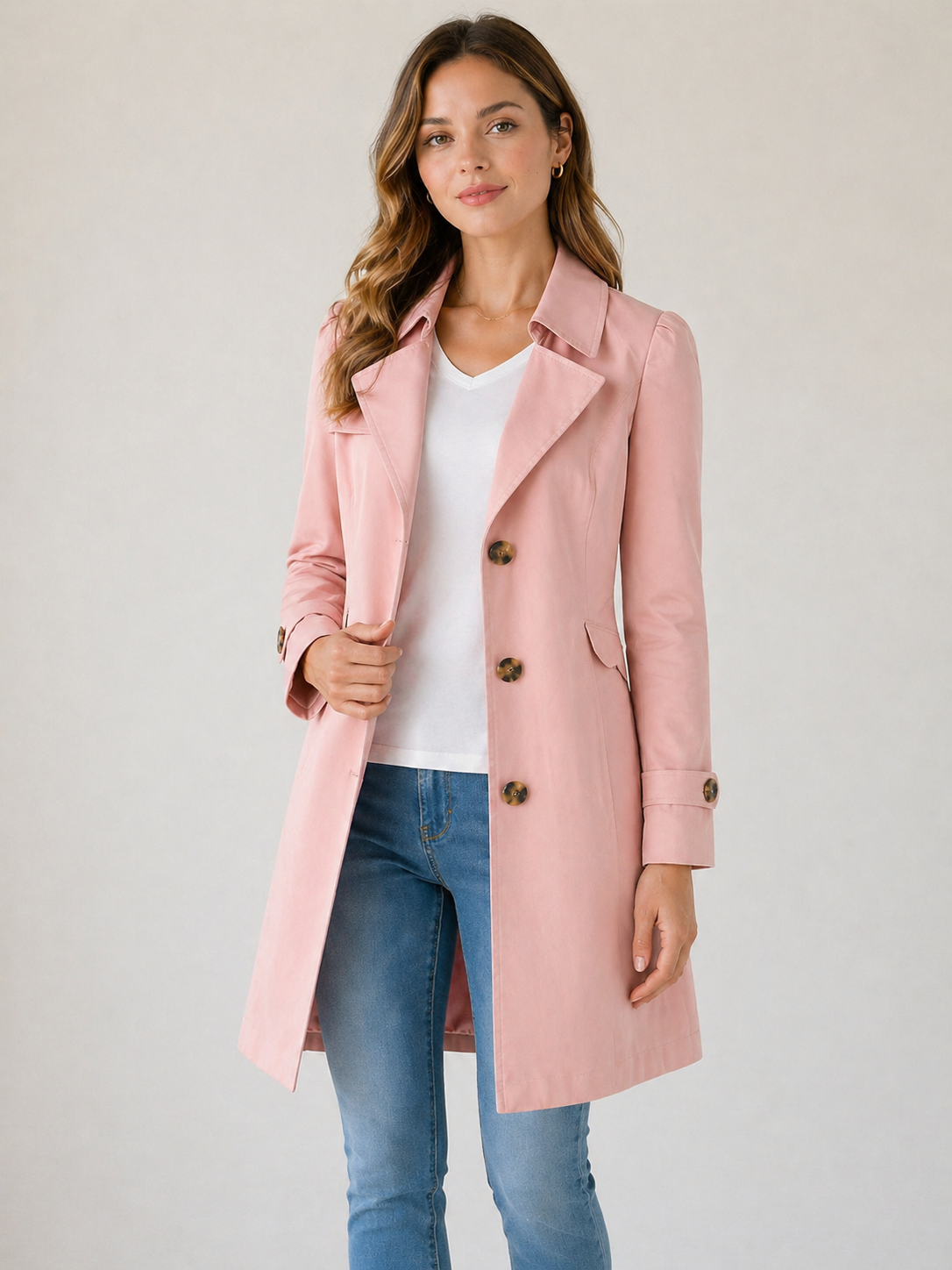 Trench Coat Cotton Blend Tailored Short with Button-Up Front