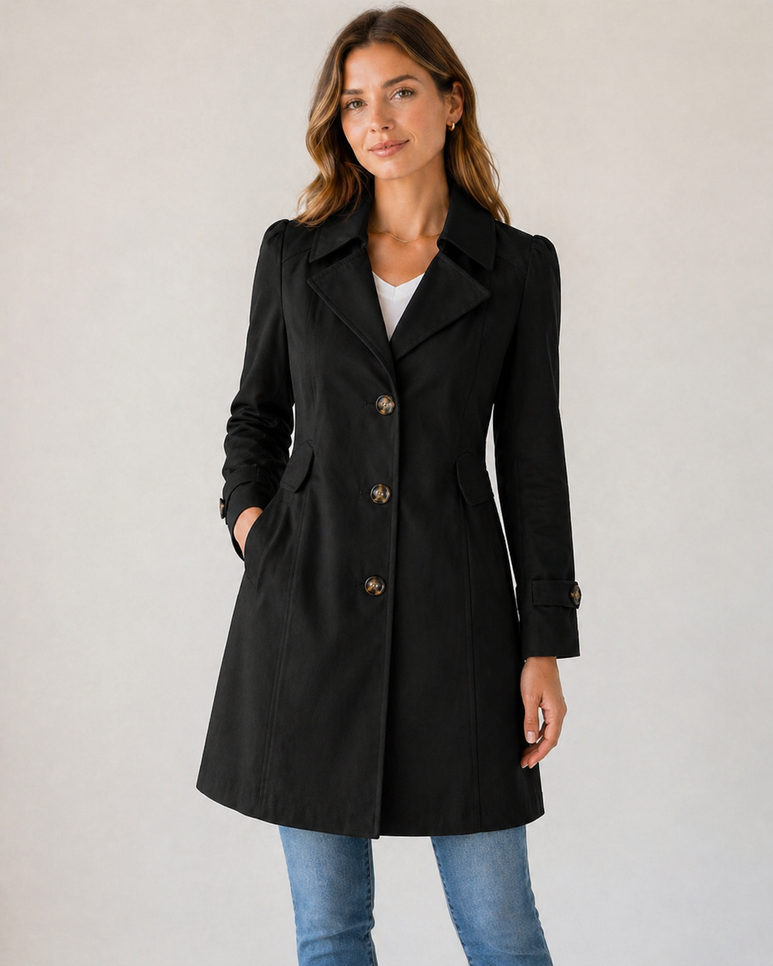 Trench Coat Cotton Blend Tailored Short with Button-Up Front
