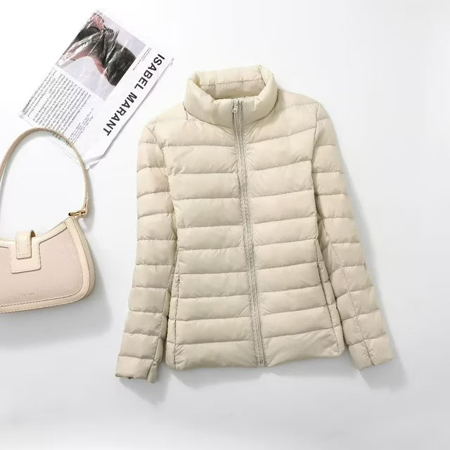 Quilted Jacket Polyester Lightweight with Stand Collar, Tailored Fit