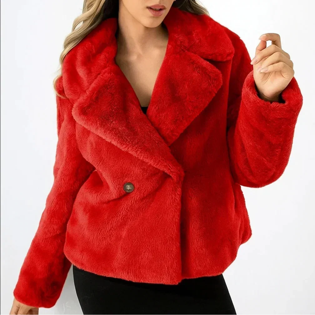 Jacket Faux Fur Double-Breasted with Sharp Lapels and Straight Hem