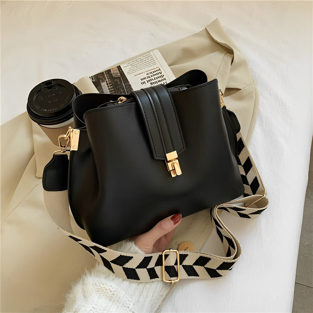 Crossbody Bag Faux Leather with Canvas Strap and Metal Clasp