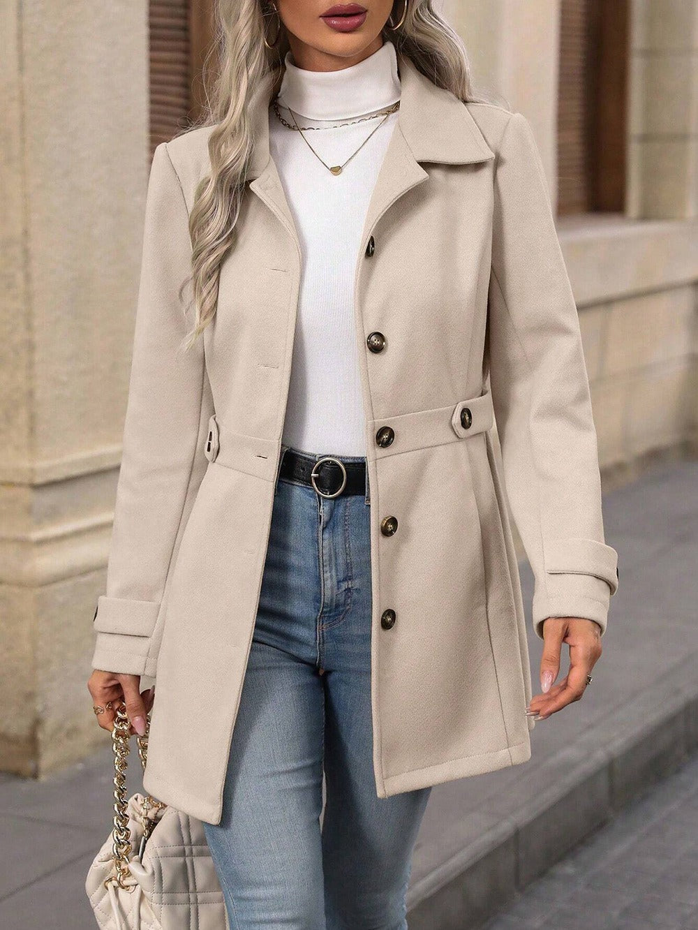 Trench Coat Polyester Tailored with Adjustable Waist Belt