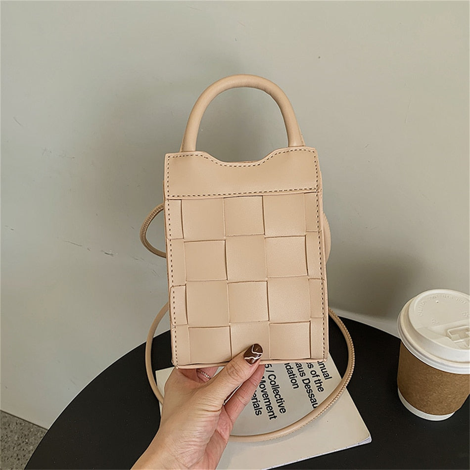 Phone Bag Faux Leather Woven with Top Handles and Strap