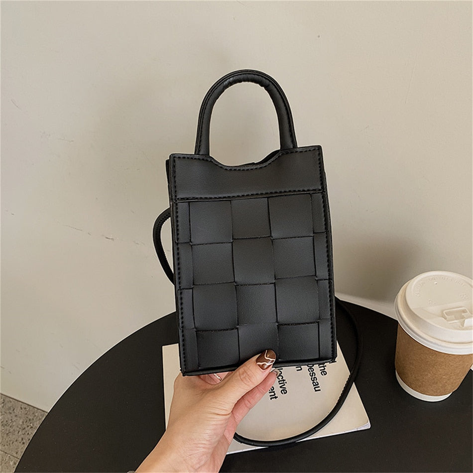 Phone Bag Faux Leather Woven with Top Handles and Strap