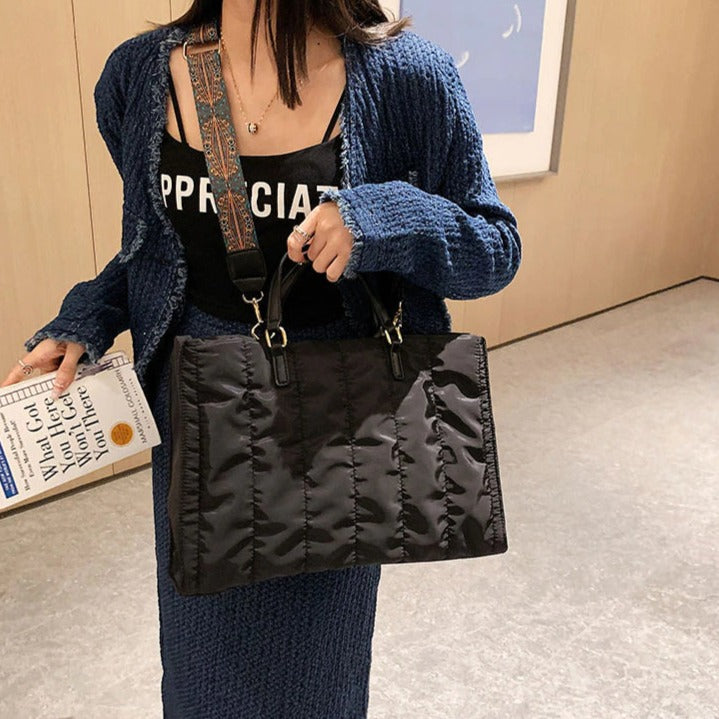 Tote Bag Quilted Cotton Nylon with Top Handles and Canvas Strap