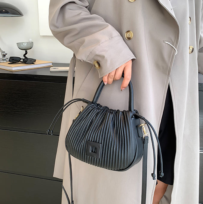 Crossbody Bag Faux Leather with Top Handle and Pleated Design