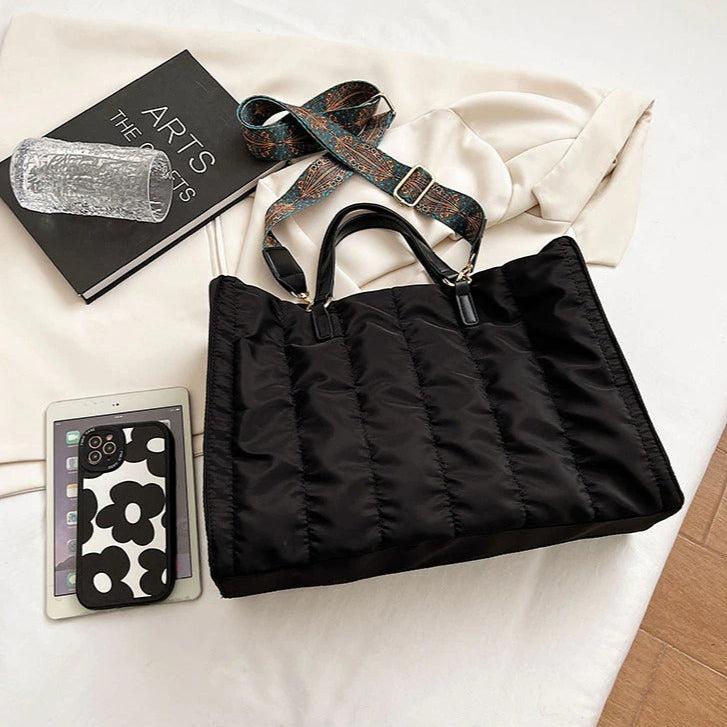 Tote Bag Quilted Cotton Nylon with Top Handles and Canvas Strap