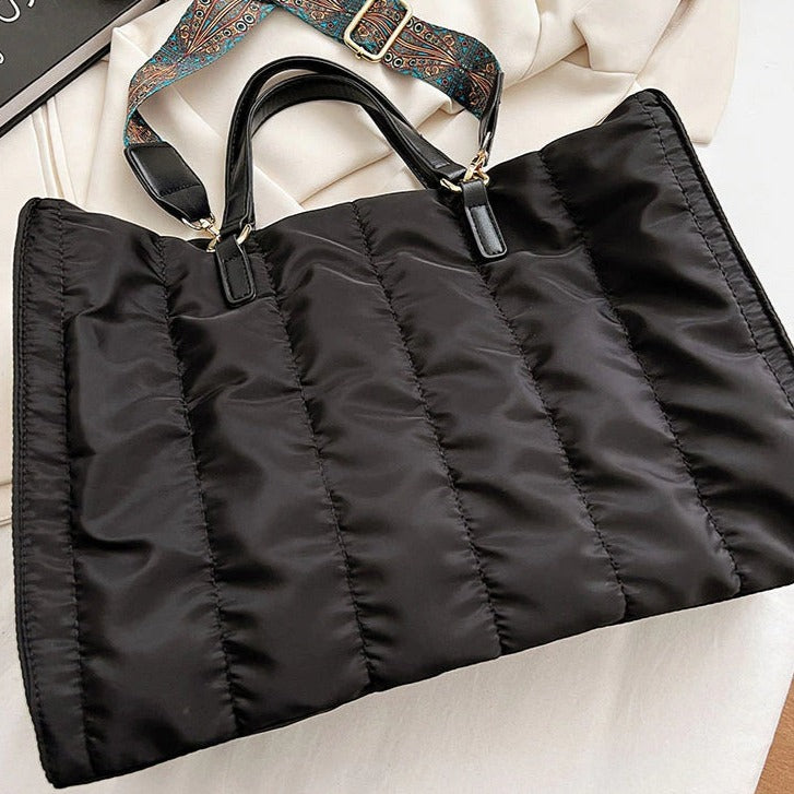 Tote Bag Quilted Cotton Nylon with Top Handles and Canvas Strap