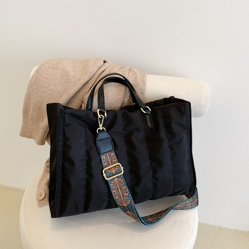 Tote Bag Quilted Cotton Nylon with Top Handles and Canvas Strap