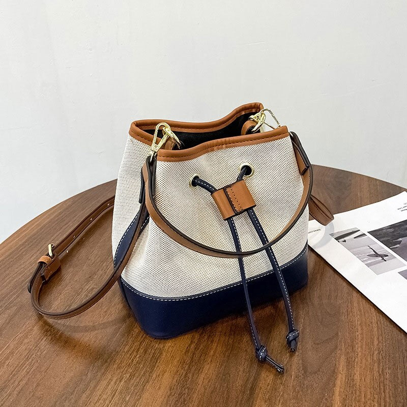 Bucket Bag Canvas Faux Leather with Short and Long Straps
