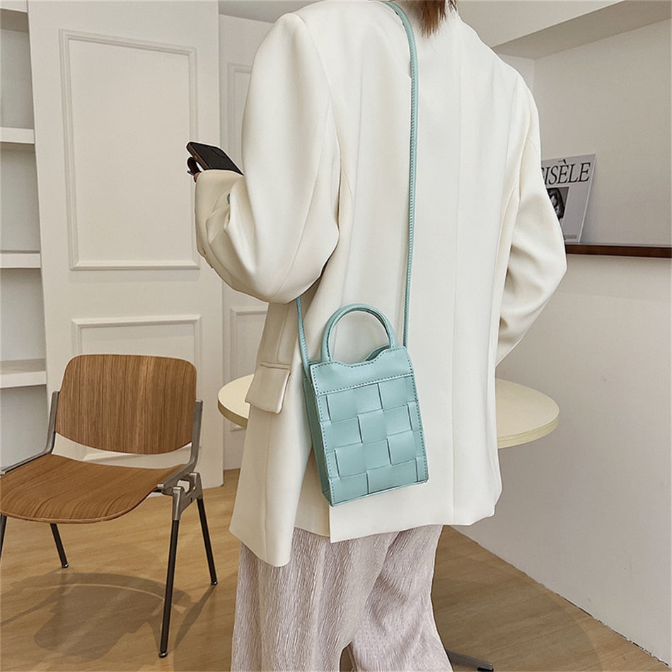 Phone Bag Faux Leather Woven with Top Handles and Strap