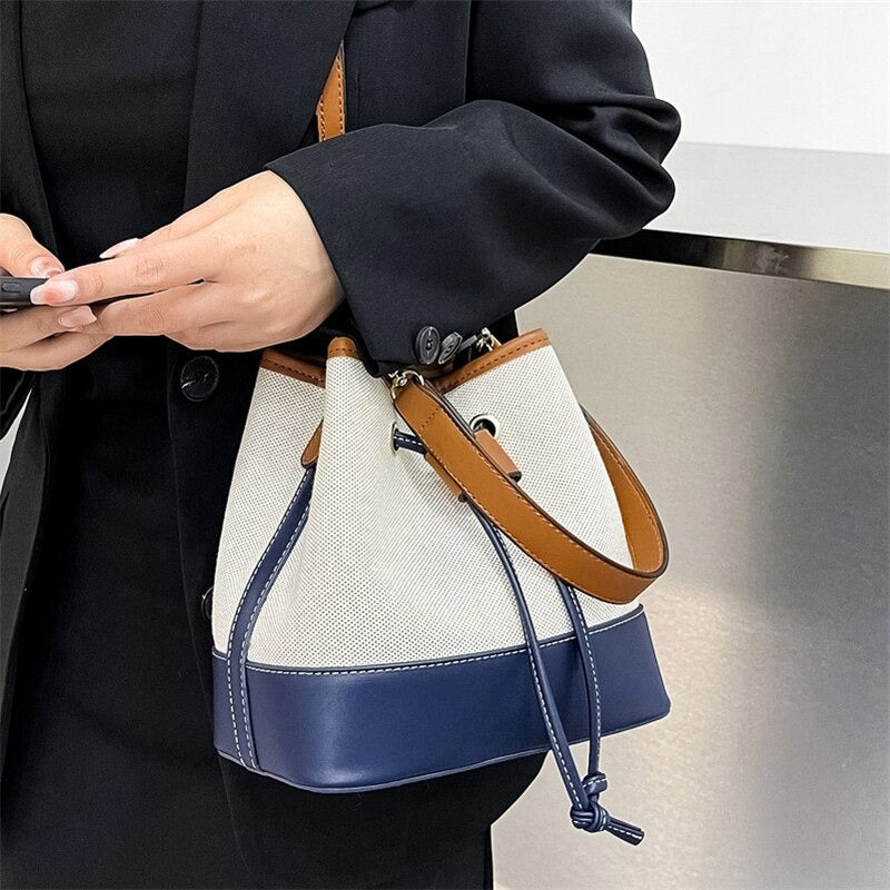 Bucket Bag Canvas Faux Leather with Short and Long Straps
