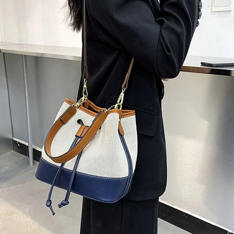 Bucket Bag Canvas Faux Leather with Short and Long Straps