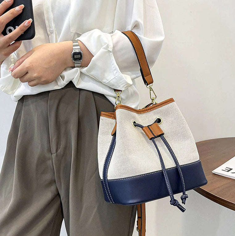 Bucket Bag Canvas Faux Leather with Short and Long Straps