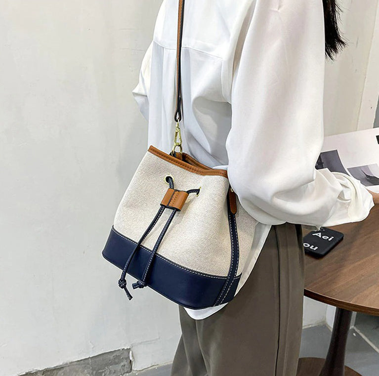 Bucket Bag Canvas Faux Leather with Short and Long Straps