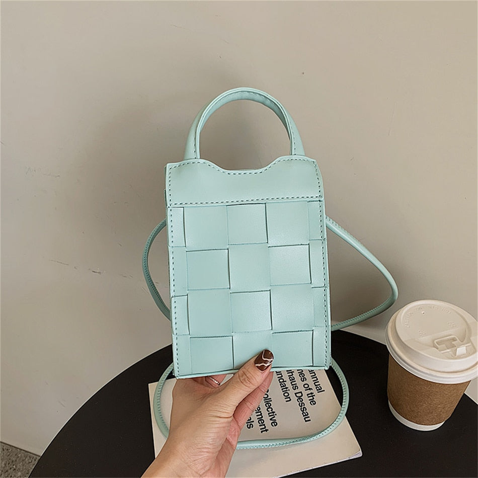 Phone Bag Faux Leather Woven with Top Handles and Strap