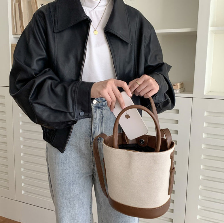 Tote Bag Canvas Faux Leather with Adjustable Crossbody Strap