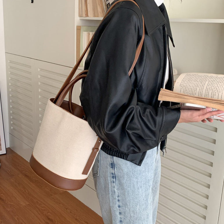 Tote Bag Canvas Faux Leather with Adjustable Crossbody Strap