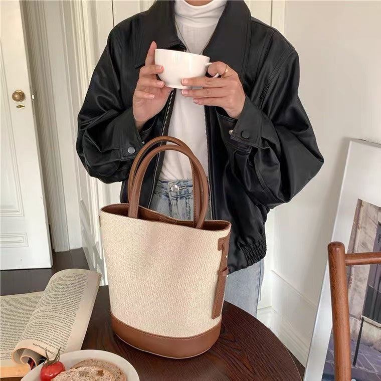 Tote Bag Canvas Faux Leather with Adjustable Crossbody Strap
