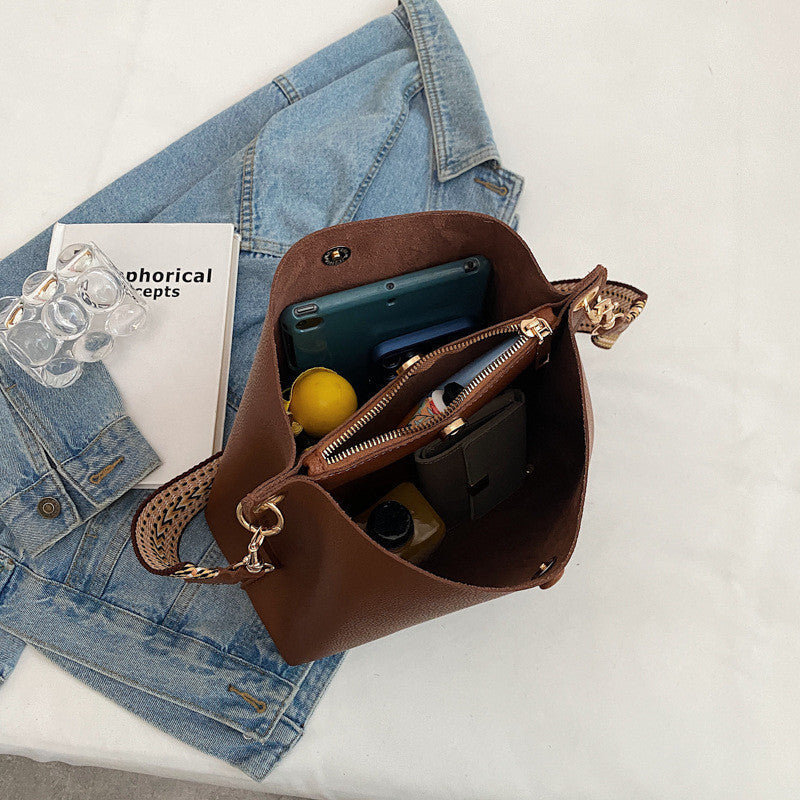 Bucket Bag Faux Leather Pebbled with Canvas Strap and Zip