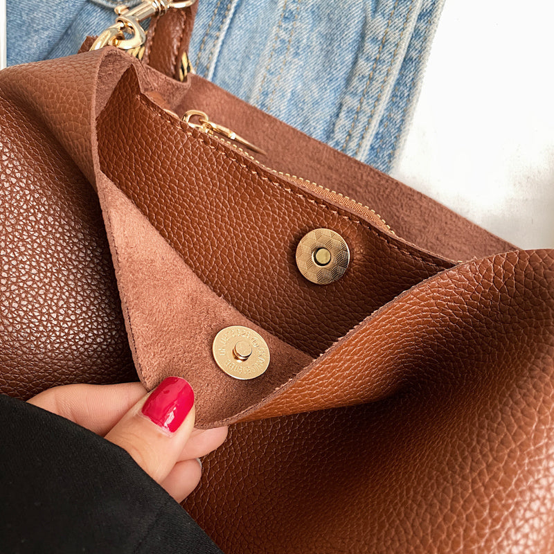 Bucket Bag Faux Leather Pebbled with Canvas Strap and Zip