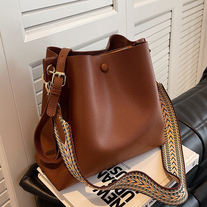 Bucket Bag Faux Leather Pebbled with Canvas Strap and Zip