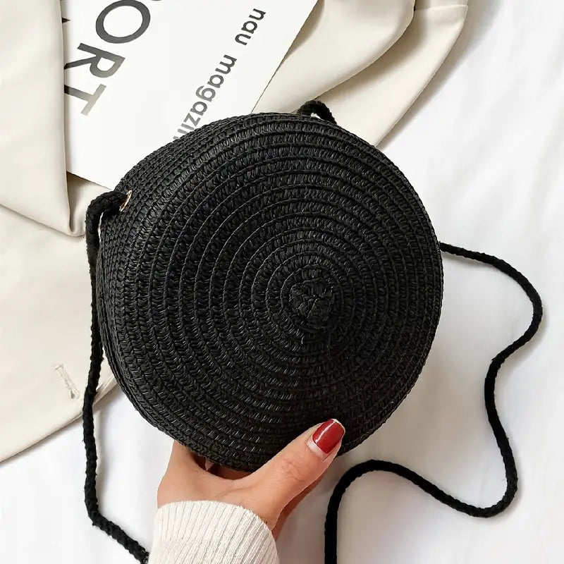 Round Straw Bag with Rope Shoulder Strap