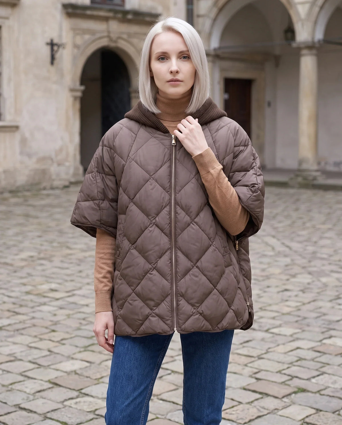 Quilted Cape Gilet with Knitted Hood