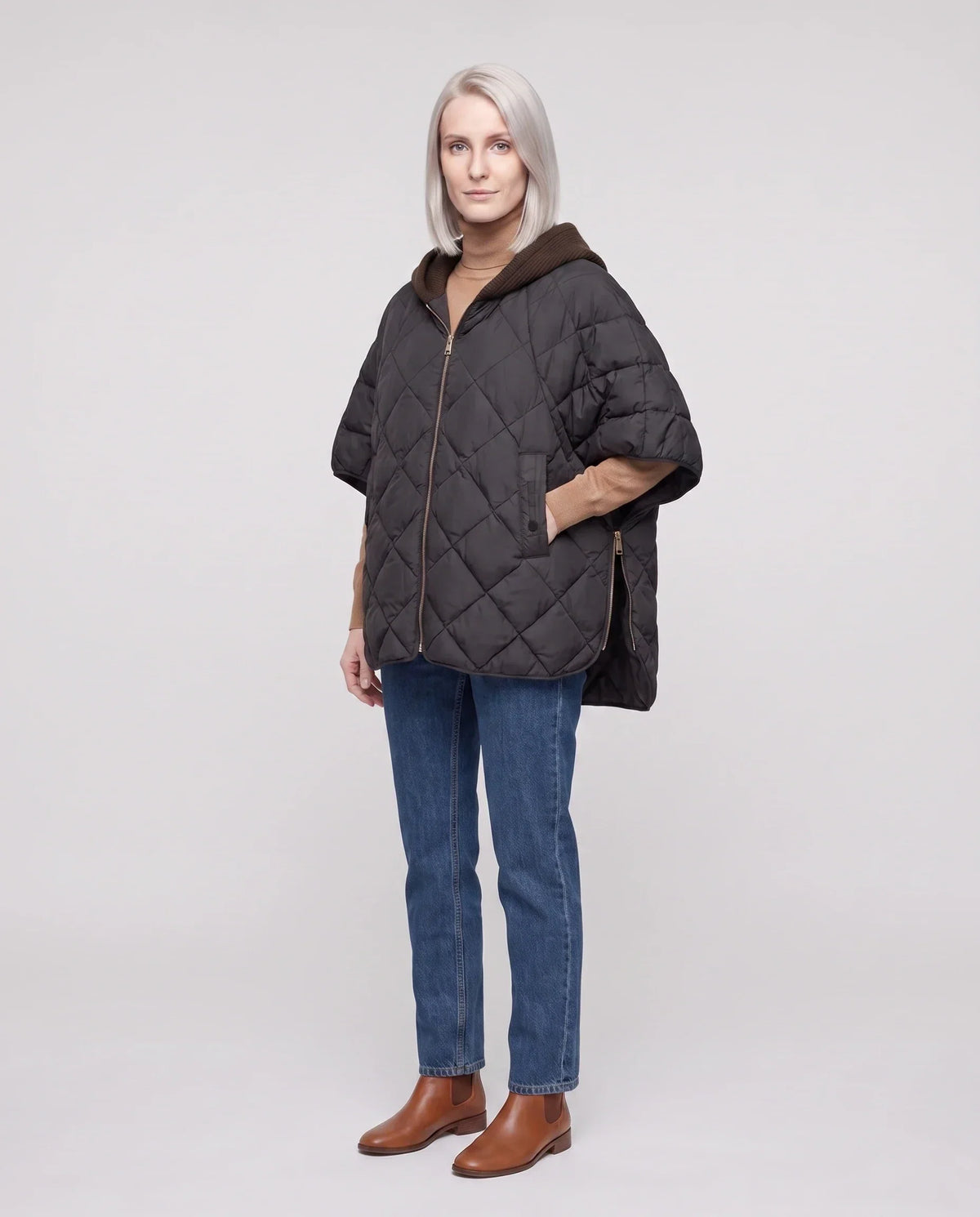 Quilted Cape Gilet with Knitted Hood