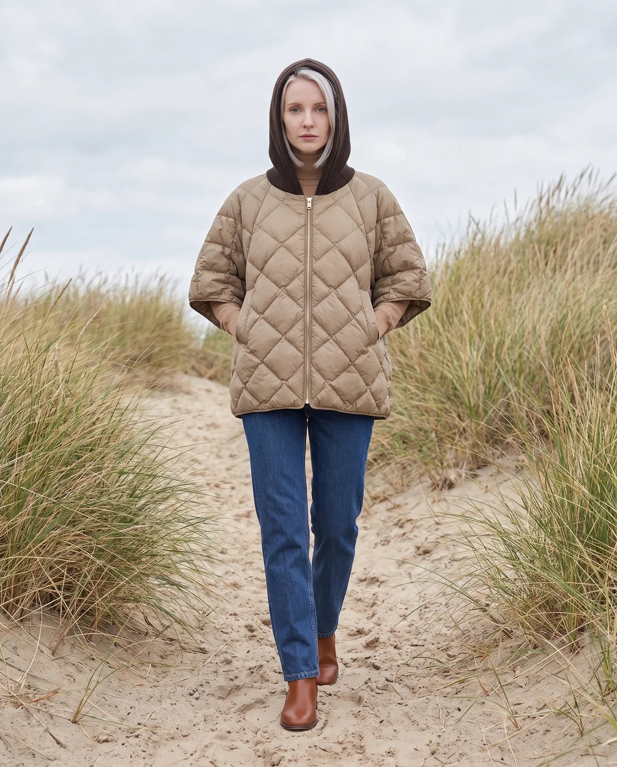 Quilted Cape Gilet with Knitted Hood