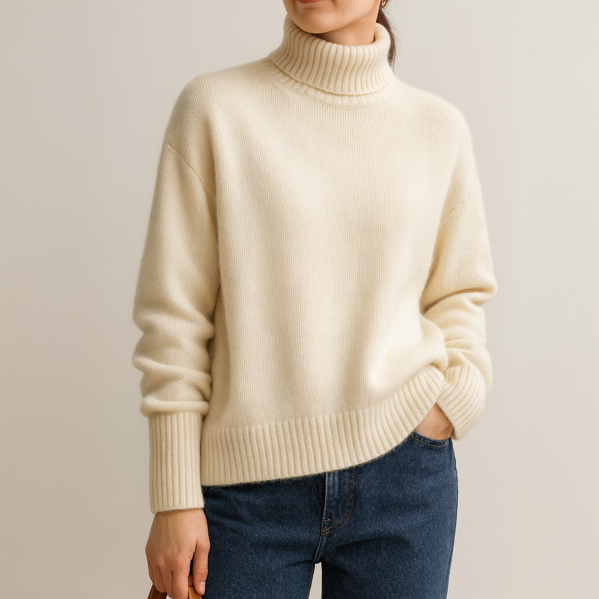 Fluffy Cotton Knit Roll Neck Jumper