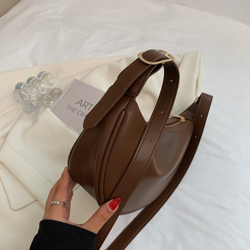 Crescent Bag Faux Leather with Zip and Adjustable Strap