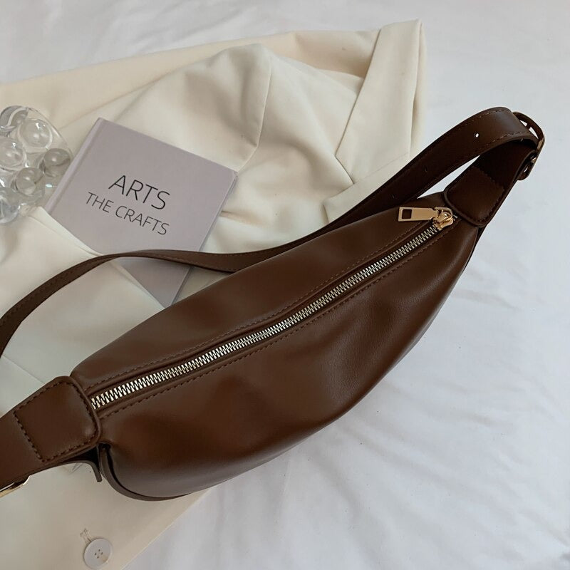 Crescent Bag Faux Leather with Zip and Adjustable Strap