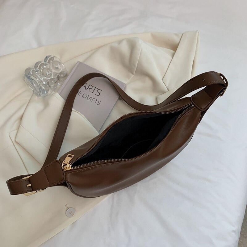 Crescent Bag Faux Leather with Zip and Adjustable Strap