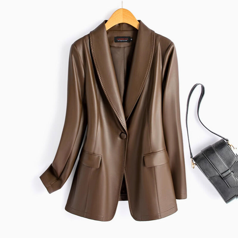 Blazer Faux Leather Longline with Notch Lapel and Single Button