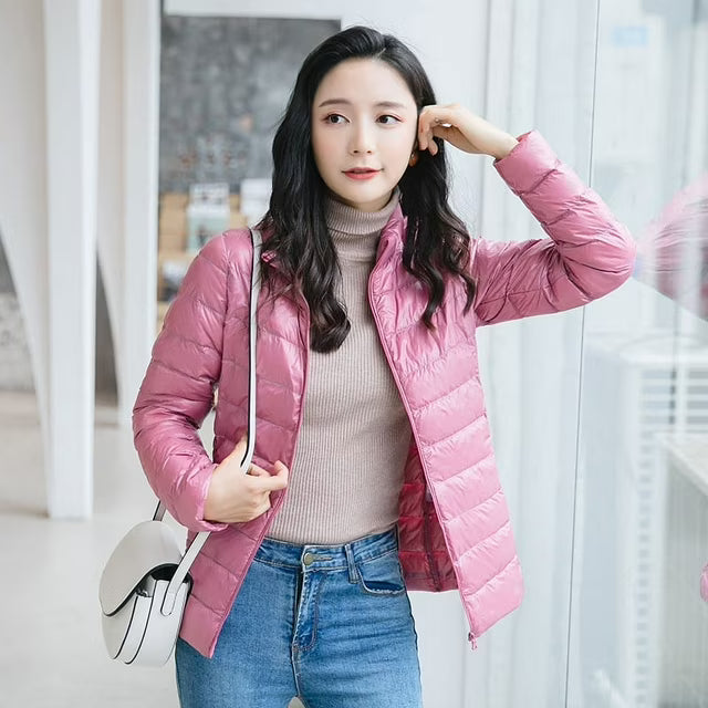 Quilted Jacket Polyester Lightweight with Stand Collar, Tailored Fit
