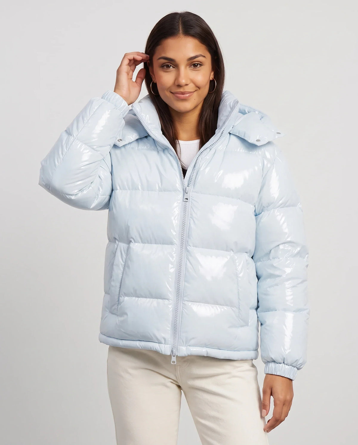 Short Shiny Hooded Puffer Jacket with Puffy Channels