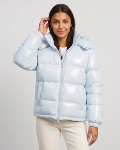 Short Shiny Hooded Puffer Jacket with Puffy Channels