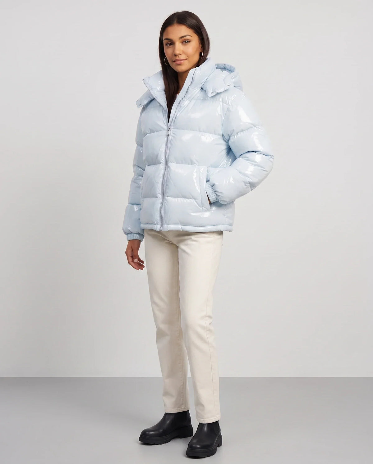 Short Shiny Hooded Puffer Jacket with Puffy Channels