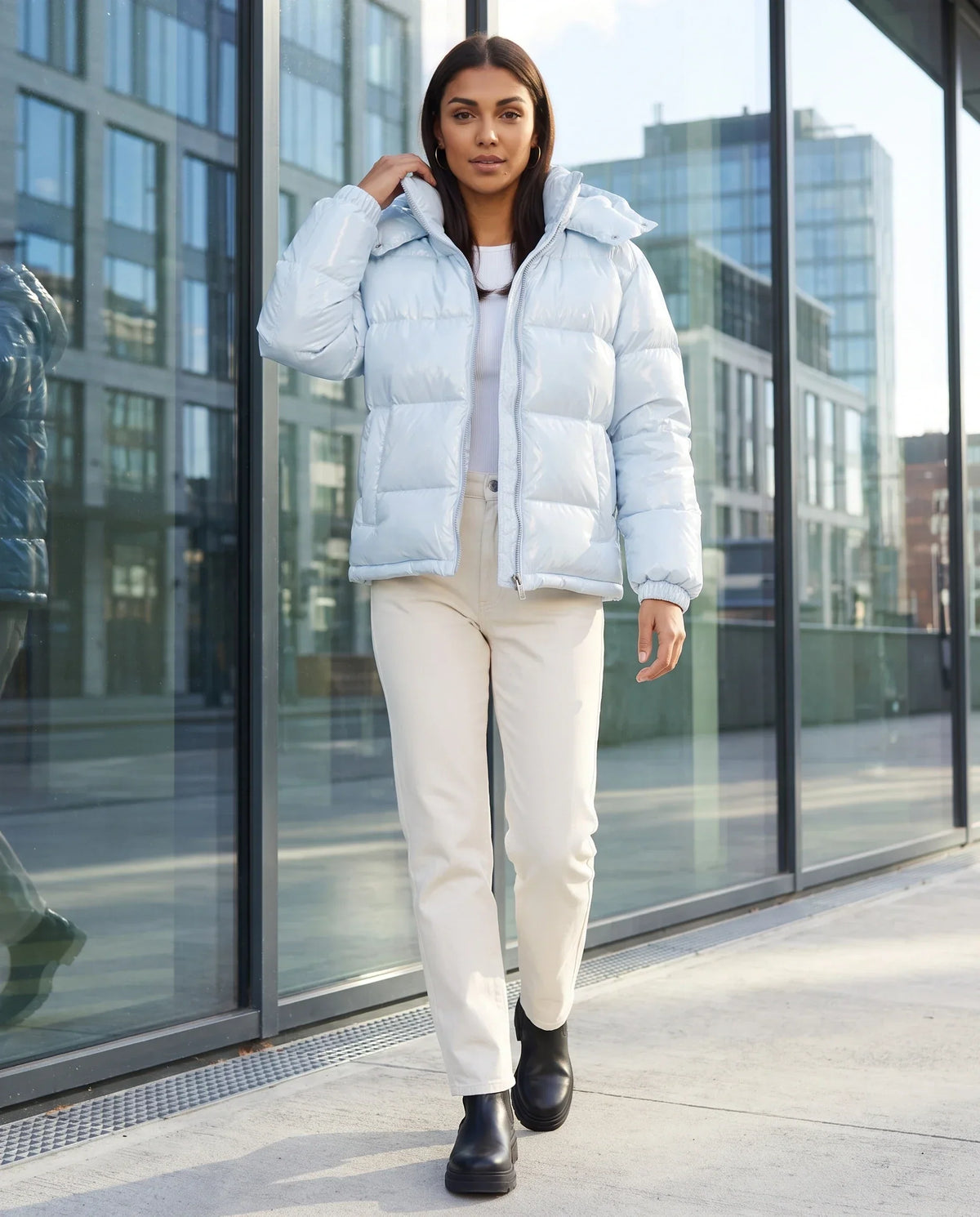 Short Shiny Hooded Puffer Jacket with Puffy Channels