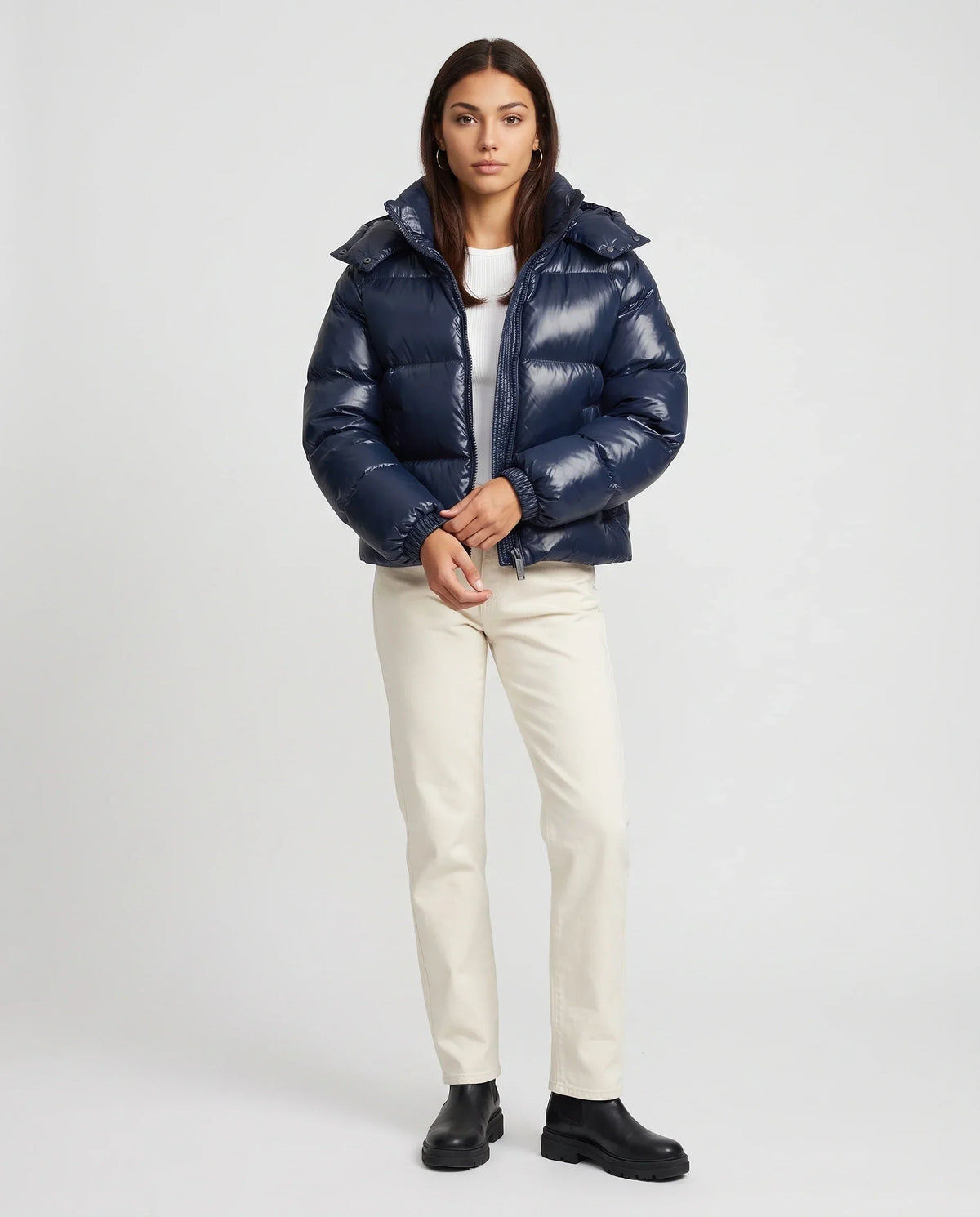 Short Shiny Hooded Puffer Jacket with Puffy Channels