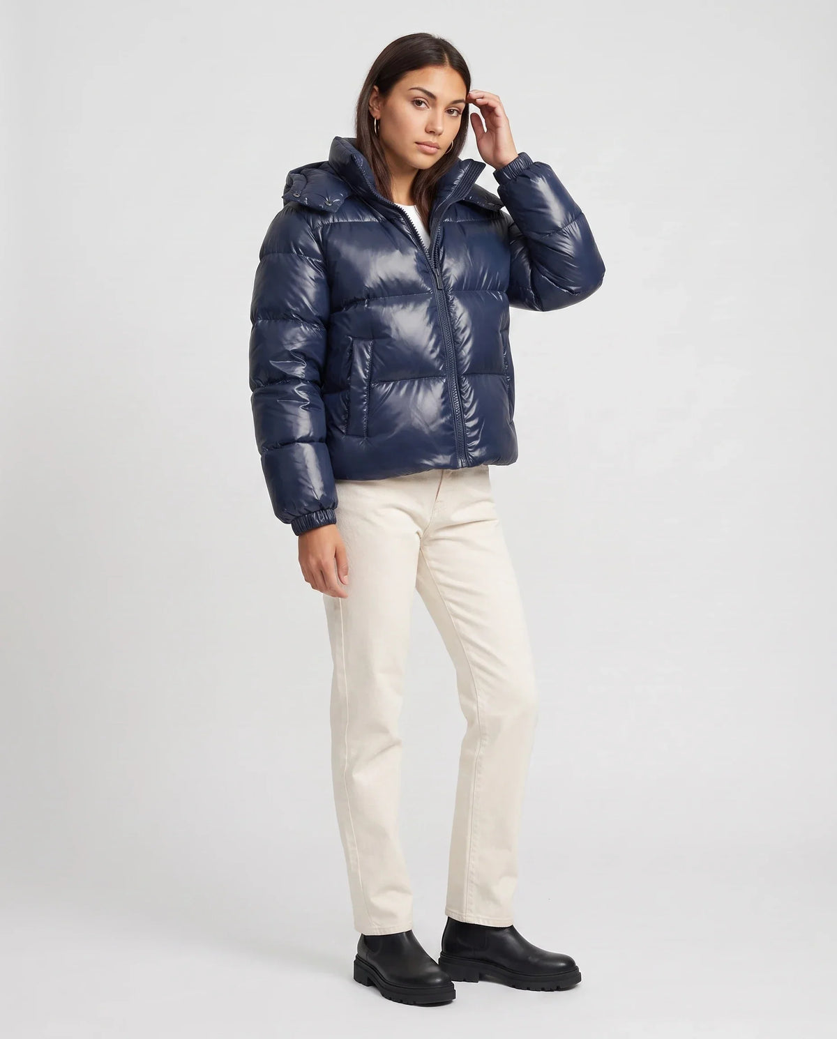 Short Shiny Hooded Puffer Jacket with Puffy Channels