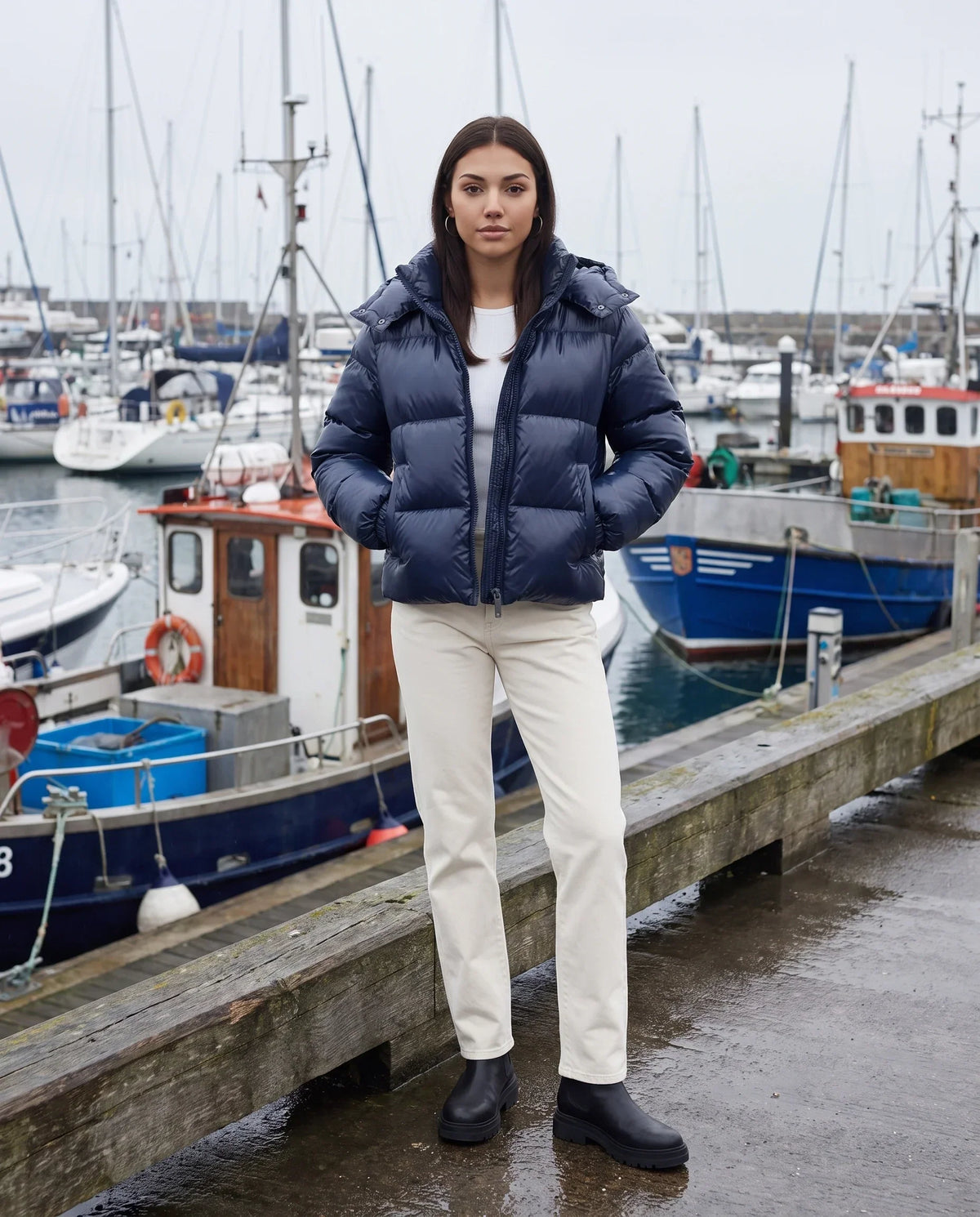 Short Shiny Hooded Puffer Jacket with Puffy Channels