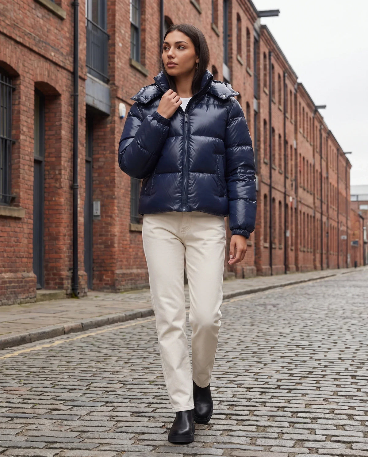 Short Shiny Hooded Puffer Jacket with Puffy Channels