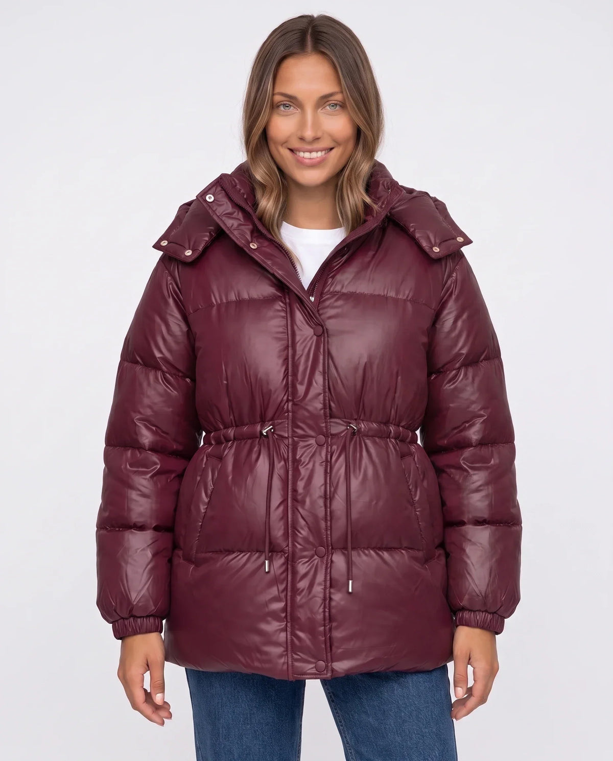 Shiny Puffer Jacket with Drawcord Waist