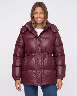 Shiny Puffer Jacket with Drawcord Waist