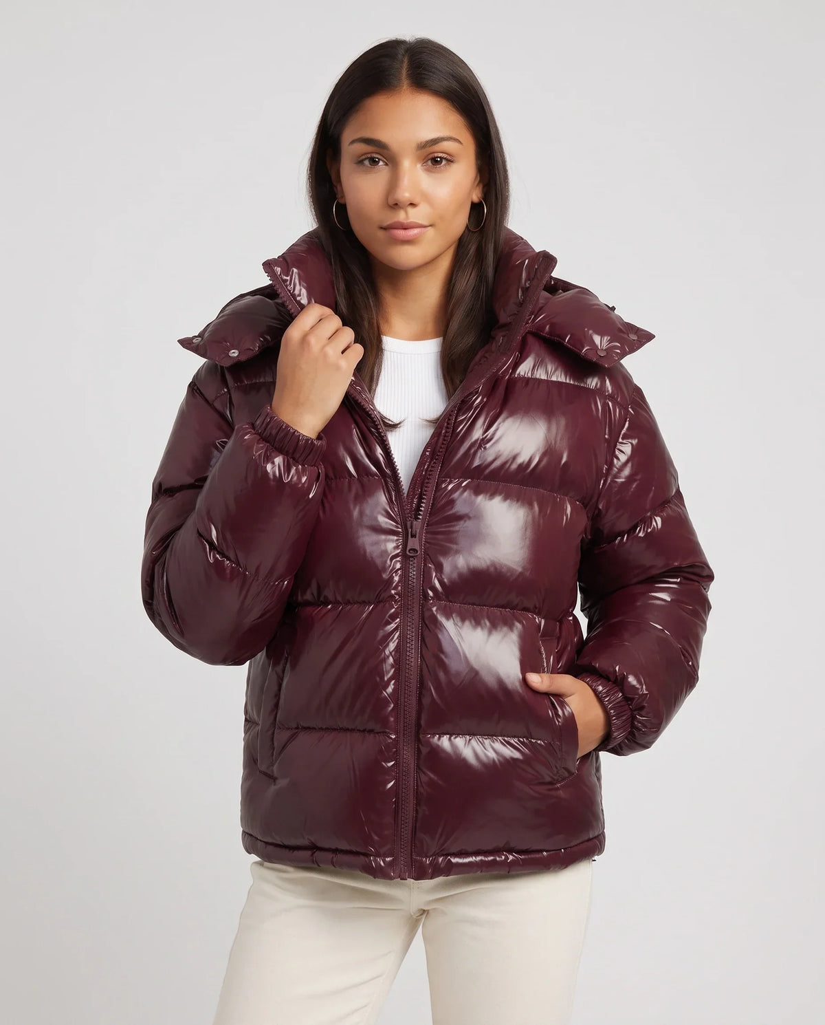 Short Shiny Hooded Puffer Jacket with Puffy Channels